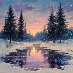 Fototapeta premium A tranquil winter landscape featuring softly falling snowflakes, a frozen pond, and towering pine trees, ideal for seasonal promotions, winter holidays, or serene decor.