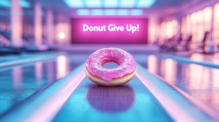 Donut running on treadmill with "Donut Give Up!" pun on billboard in fitness center