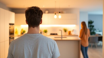 Fototapeta premium Family adjusting lighting in modern kitchen for cozy family dinner setting