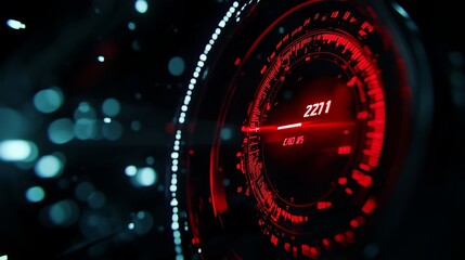A futuristic car speedometer for the year 2024, featuring a red indicator against a blurred black background. This image evokes a sense of speed, technology, and the passage of time. 