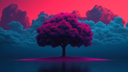 Vibrant sea with fantastical tree symbolizing nature and creativity.