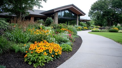 Obraz premium Beautifully Landscaped Residential Garden with Vibrant Floral Displays and Elegant Architecture The image showcases a well designed outdoor space with a lush colorful garden a paved walkway
