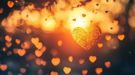 Beautiful sunset-inspired heart shaped bokeh texture background with warm yellow and orange hues, perfect for adding romantic charm and love to valentine’s day letters, greeting cards