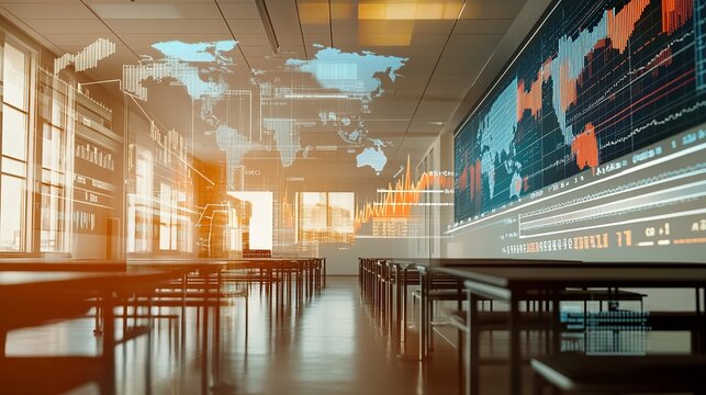 A modern classroom backdrop features an innovative financial graph and world map overlay, illustrating the interconnectedness of finance and the global economy