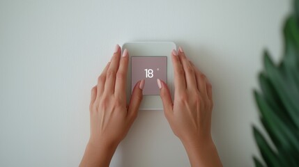 Sleek bedroom with person using touch-screen thermostat for smart home comfort and convenience.