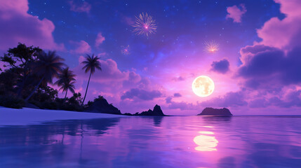 serene beach scene at dusk with fireworks illuminating sky, reflecting on calm ocean under full moon, creating magical atmosphere