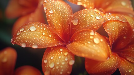 Close-up of vibrant orange petals covered in fresh dewdrops, showcasing nature's intricate details and vibrant colors, capturing the essence of freshness and serenity in a botanica