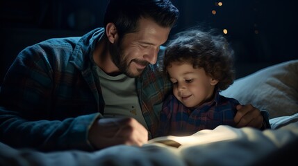 A father reads a bedtime story to his young son, both are smiling, a warm and intimate moment of shared love and connection.