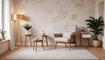 Scandinavian living room interior design zoom background,Doodle patterned wallpaper graphics