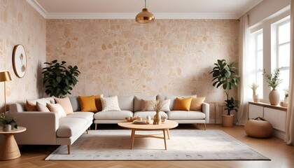 Fototapeta premium Scandinavian living room interior design zoom background,Doodle patterned wallpaper graphics