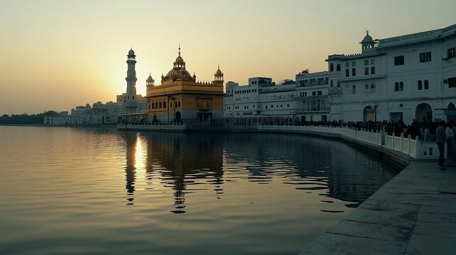 Captivating Sunset View of the Golden Temple Surrounded by Santosh Lake and Majestic Architecture in India