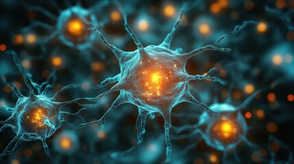 A close up of a bunch of blue and orange brain cells. Generative AI