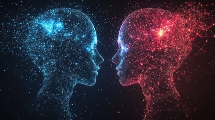 Obraz premium Futuristic digital illustration showcasing two human profiles composed of glowing particles, symbolizing artificial intelligence and technological connection in vibrant blue and re