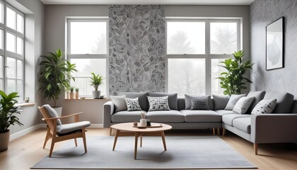 Fototapeta premium Scandinavian living room interior design zoom background,Doodle patterned wallpaper graphics