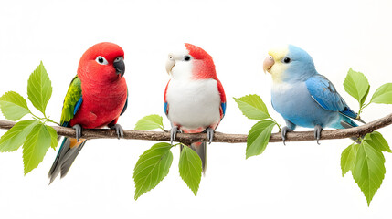 Obraz premium Three colorful birds perched on a branch surrounded by green leaves, showcasing vibrant plumage and cheerful presence in a natural setting.