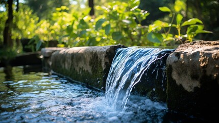 Close-up of a small waterfall cascading over rocks in a lush garden setting.