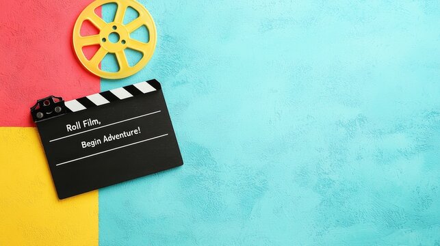 Stylish movie poster featuring clapperboard, film reel, and "Roll Film, Begin Adventure!" tagline.