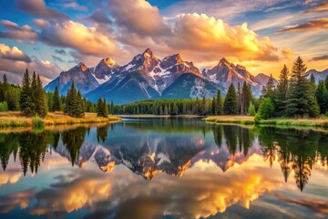 Breathtaking symmetrical reflection of majestic mountains in tranquil lake at sunset