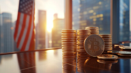 Stacks of bitcoins against background of US flag in successful office