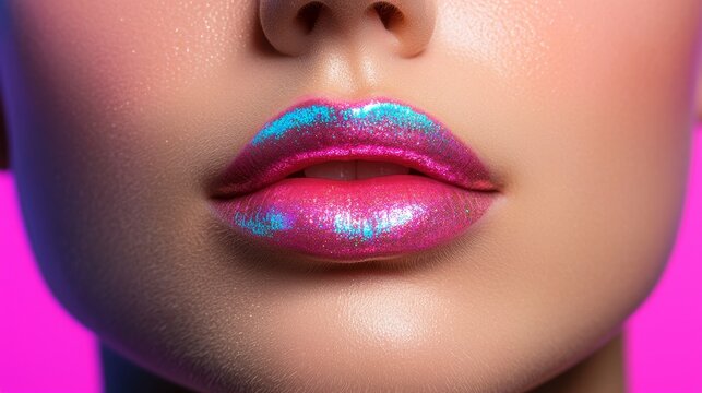 Vibrant "Kiss of the Sea" mermaid lip gloss glows iridescently, perfect for beauty ad.