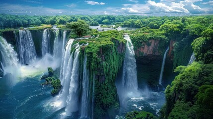 A stunning view of waterfalls surrounded by lush greenery under a bright blue sky.