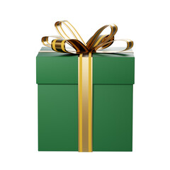 Green christmas gift box with golden ribbon and bow on white background