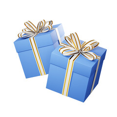 Two light blue christmas gift boxes with gold and white ribbons floating on white background