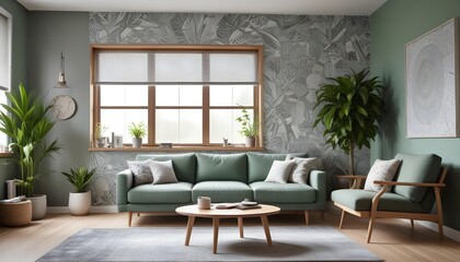 Fototapeta premium Scandinavian living room interior design zoom background,Doodle patterned wallpaper graphics