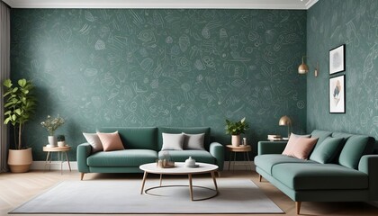Scandinavian living room interior design zoom background,Doodle patterned wallpaper graphics