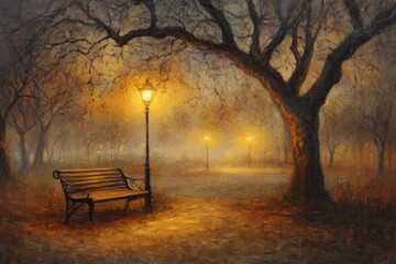 Urban Park in Evening Fog: An urban park with lampposts illuminating the fog