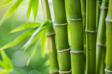 Fototapeta premium A close-up of bamboo stalks, their green hues and texture highlighted against the backdrop of nature's beauty.