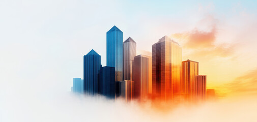 Fototapeta premium stunning skyline at sunset, showcasing modern skyscrapers with gradient of colors from blue to orange, creating dreamy atmosphere