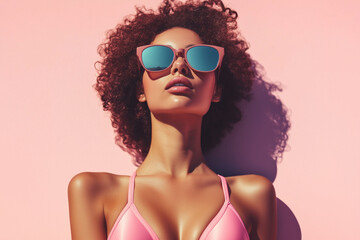 Fototapeta premium woman with a pink bikini on and sunglasses on her face. She has a very curvy body and a very large bust