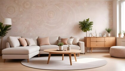 Scandinavian living room interior design zoom background,Doodle patterned wallpaper graphics