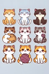 Fototapeta premium Adorable Collection of Nine Cartoon Cats with Different Expressions and Colors