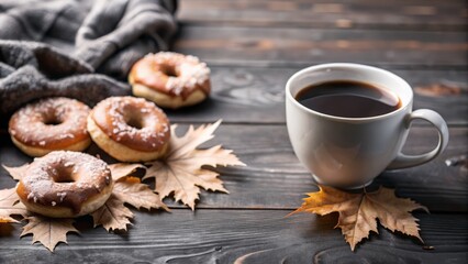 Autumn coffee break: cozy coffee mug with maple glazed donuts on rustic table