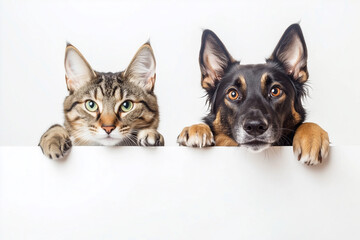 dog and a cat are standing next to a white board. The dog is smiling and the cat is looking at the camera
