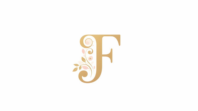 The image depicts a golden letter F adorned with floral elements, including delicate leaves and pink flowers, creating a visually appealing logo design.