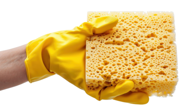 Hand with gloves holding a cleaning sponge on white transparent background
