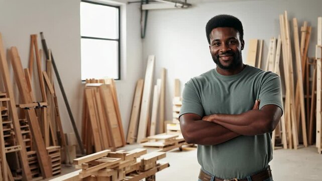 A smiley African American male master standing in a middle of a carpentry workshop. The smiley master shows that a positive attitude makes all the difference in woodworking.