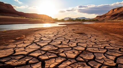 A dry riverbed in the desert with cracked earth and mountains in the background during a sunset.