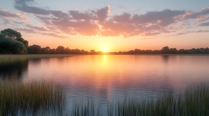 Obraz premium A tranquil lake scene with a vibrant sunset over the horizon.