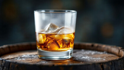 Frosted whisky glass and bottle on a rustic barrel, ideal for branding.