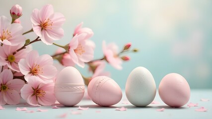 Easter composition of pastel pink and blue eggs with cherry and apple flowers. High quality photo