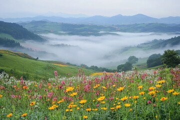 Obraz premium Valley View with Fog and Wildflowers