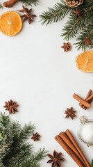 A white surface with orange slices, cinnamon sticks, star anise, and fir branches