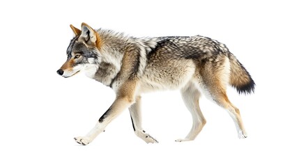 A gray wolf is walking against a white background.