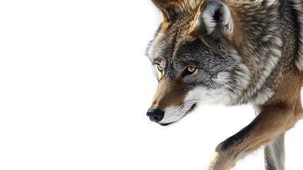 Fototapeta premium A gray wolf is walking against a white background.