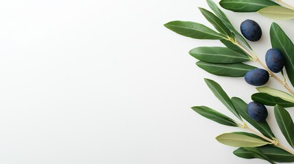 Obraz premium White background with a leafy olive branch and four olives. The olive branch is the main focus of the image, and the olives are arranged in a way that creates a sense of balance and harmony