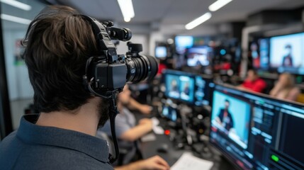 Dynamic newsroom filled with reporters coordinating coverage and sharing breaking news updates.